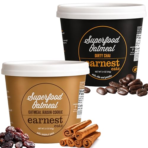 Earnest Eats Superfood Oatmeal Cups Variety Pack - Oatmeal Raisin Cookie & Dirty Chai – Gluten Free, Vegan, Plant Protein Breakfast Cups, On-the-Go Breakfast, 2.1 Ounces Each (6 Pack)