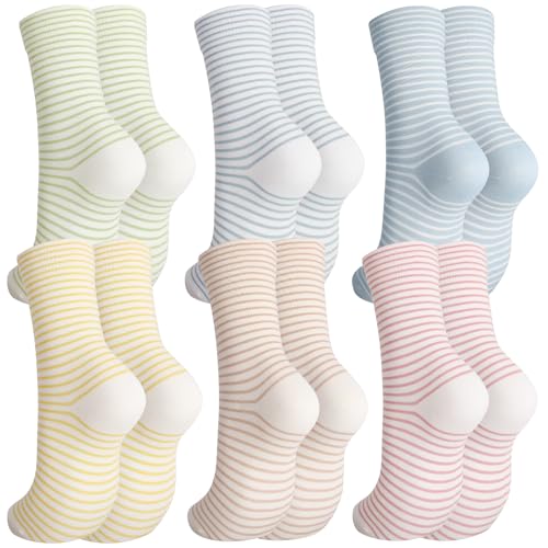 Image of Jspupifip 6 Pairs Womens Strip Crew Socks Cute College Style Ribbed Socks | Combed Cotton, Elastic Ribbed, Retro Stripe, for Work, Commuting, Shopping, Dating, Birthday, Sports, Home, Office
