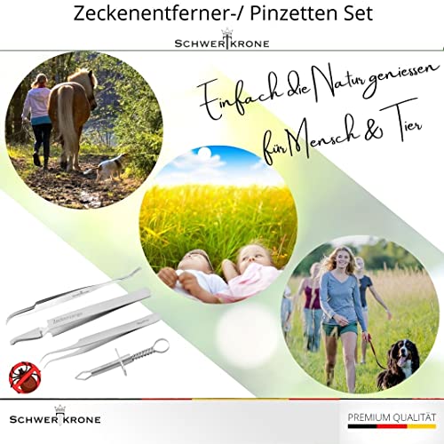 Schwertkrone® Zeckenzange 4er Set [Premium Edelstahl] - Zeckenzange für Hunde, Katze & Mensch - Zeckenpinzette Mensch & Tier - Zeckenhaken für Hunde - Zeckenzange Kinder - Zeckenset 4-teilig