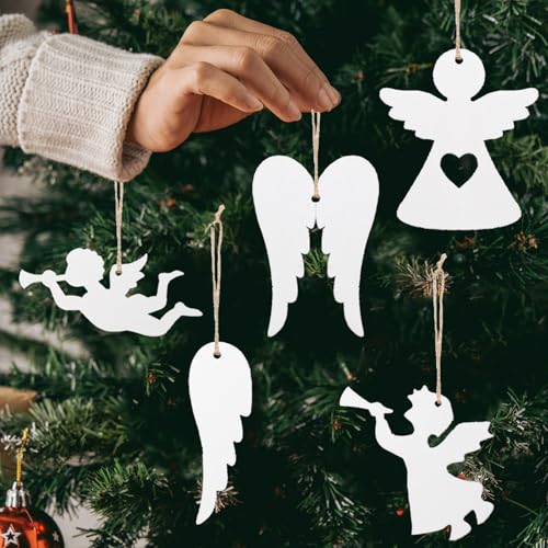 YIEUR 40 ciondoli natalizi in legno, angeli e ali d'angelo, 8 cm, dischi di legno con corda, 5 forme miste, angelo custode, decorazione per albero di Natale, finestra