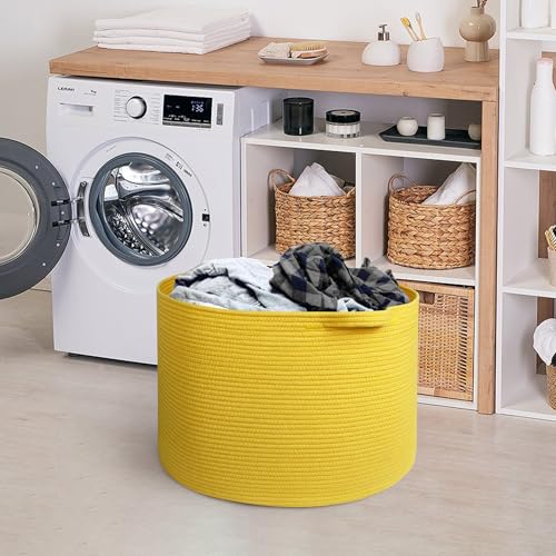 Image of MEGASKET Extra Large Yellow Basket, 22 inch X 22 inch X 14 inch Cotton Rope Yellow Decor for Living Room Bedroom, Woven Basket for Blanket, Laundry, Towel, Shoe, Baby Nursery Toy Organizer, Room Decor Storage Bin