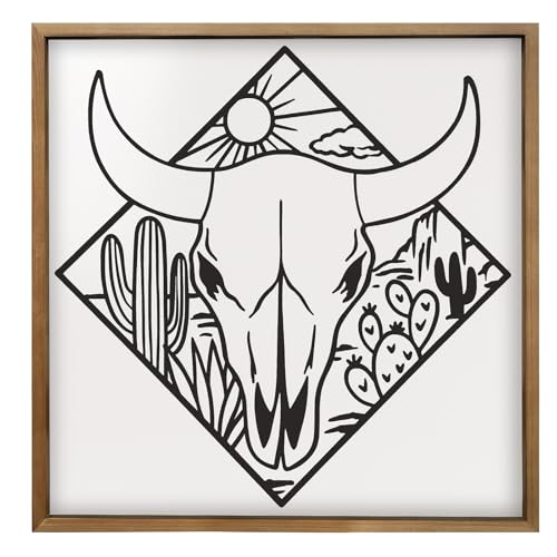 Image of flangairy Cow Skull Wall Decor, Wood Western Southwestern Desert Art, 21× 21 Inch Wooden Bull Skull Black White for Home Living Room Bedroom