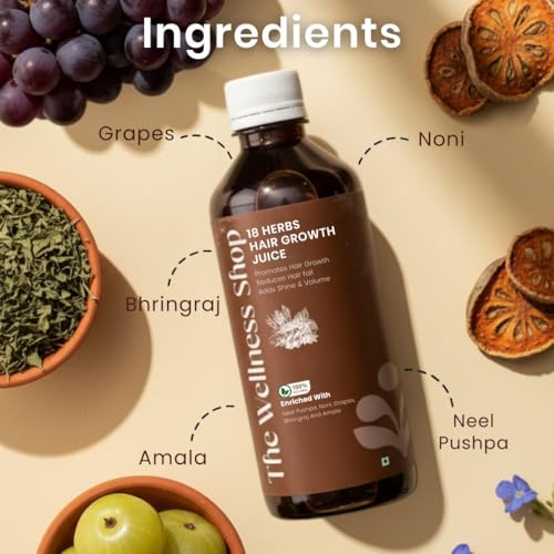 Image of The Wellness Shop 18 Herbs Hair Growth Juice 500ml | Ayurvedic Herbal Drink with Bhringraj Amla Noni Vitamin C | Helps Hair Fall Control, Supports Strong Roots | Natural Scalp Care Pack for Women Men