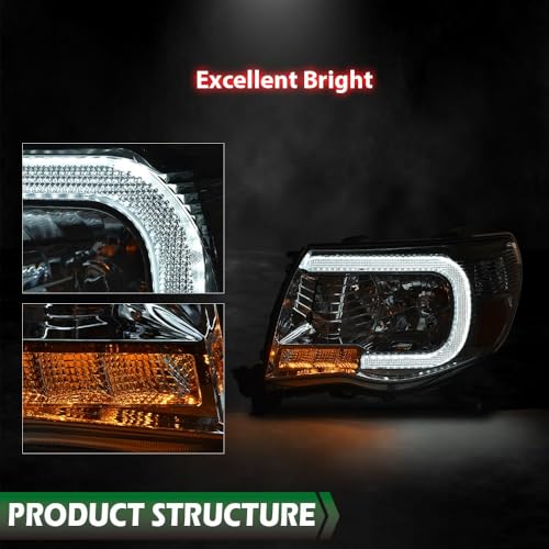 Image of GRAND ORANGE LED DRL Tube Halo Headlights Fit 2005-2011 Toyota Tacoma | Tube projector Headlamps, Left & Right,Clear Lens Chrome Housing Amber Reflector,8115004163, 8111004163, 8115004173