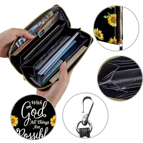 Image of Women's Wallets,Credit Card Holder Money Leather Long Wallet with Wristlet,Large Capacity with Zip-Around Phone Purse for Women Ladies Girls,Sunflower Matthew 19:26