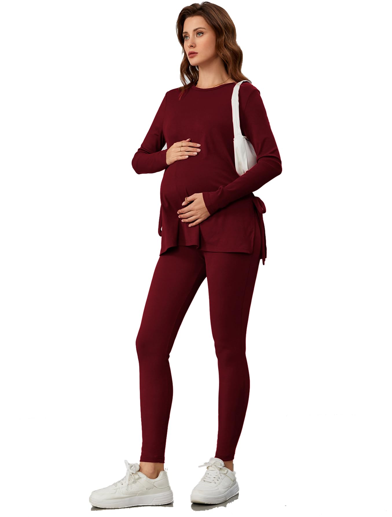 Women's Maternity Rib Knit Round Neck Knot Side Tee Tops and Leggings Pants Sets