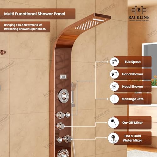 Image of Backline 6-in-1 Multifunction Shower Panels (Rose Gold) - SS 304 Grade | LED Rainfall, Rotatable Body Jets, Hand Shower & Tub Spout | Wall Mount Shower Panels for Bathroom