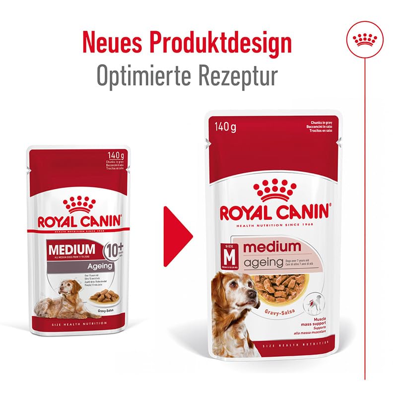 Royal Canin Medium Ageing | 10 x 140 g | Alleinfuttermittel für mittelgroße ältere Hunde | Stückchen in Soße