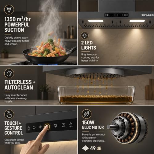 Image of Faber EON 60cm 1350m /hr BLDC Autoclean Filterless T-Shape Chimney|Built In Oil Collector|Touch & Gesture Control|5Yr Motor,2Yr Comprehensive Warranty by Faber | HOOD EON BLDC TC FL SC HC NG IN 60