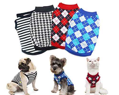 4 Pack Cat Shirts Small Boy Dog T Shirt Striped Dogs Clothes Plaid Dog Shirts for Boy Houndstooth Printed Dog Tshirts Puppy T-Shirt for Small Dogs