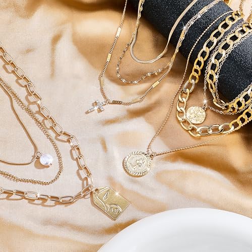 Image of 105 Pcs Gold Jewelry Set for Women Costume Jewelry Multi Layer Necklace Stackable Bangle Link Bracelet Stud Hoop Earrings Knuckle Rings Hair Tie Headband Set Jewelry Pack for Women