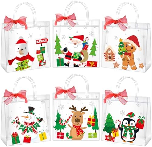 YIDAKO 24Pcs Christmas Clear Gift Bags Plastic Totes Bags With Ha...