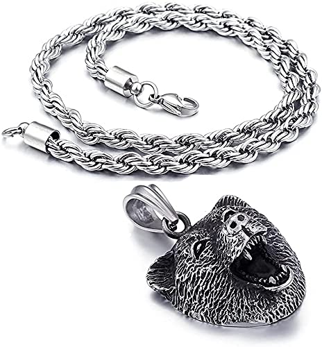 AMOZ Men'sa Silver Stainless Steela,Necklace,Fashion Vintage Rocka Hip Hop Amulet,Necklace with Chain,Vi_Kin-G Animala,Jewelry,Gi-Ft,Upgrade/55Cm