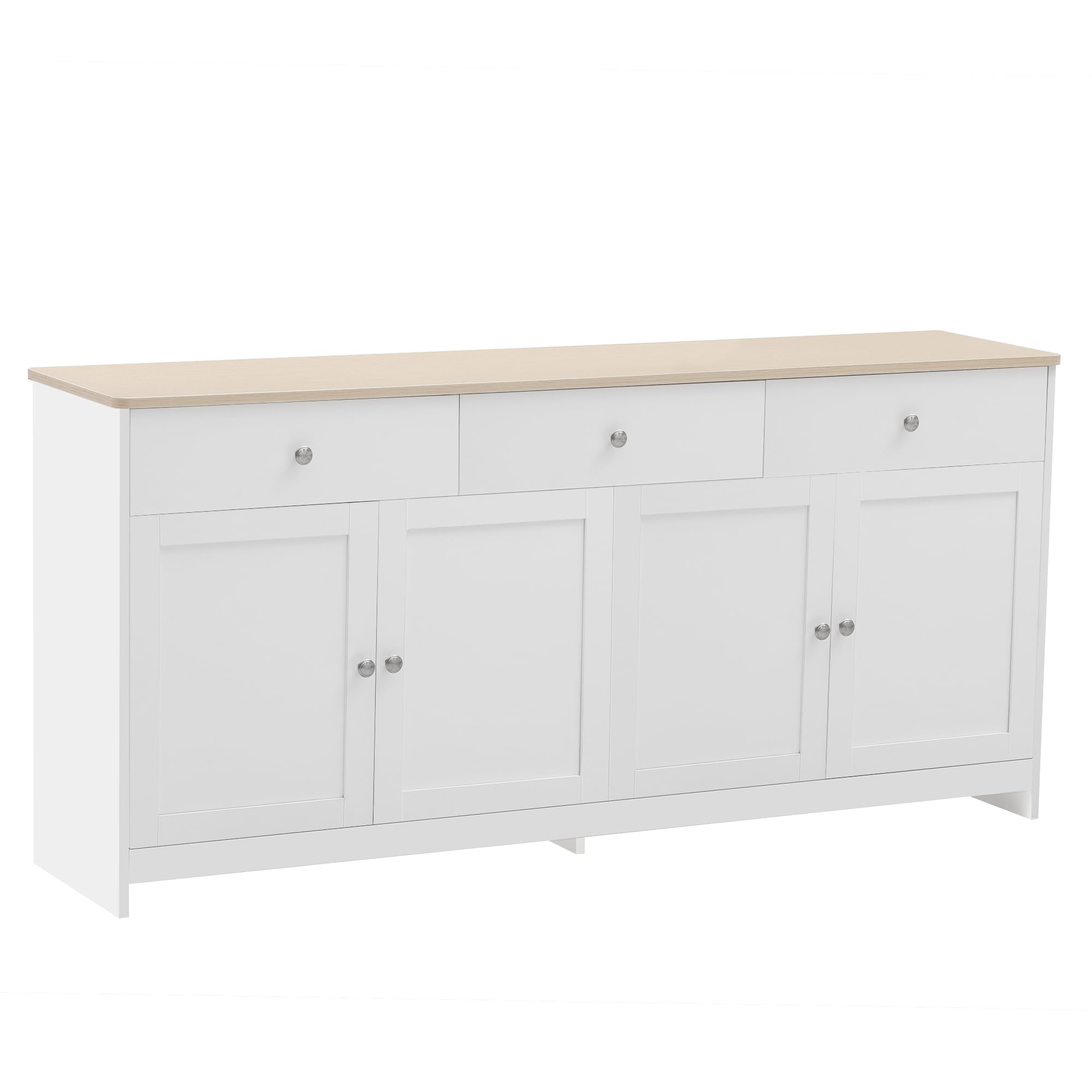 Credenza con venature in legno bianco, quattro ante, con tre cassetti, per sala da pranzo, soggiorno, colore legno e bianco