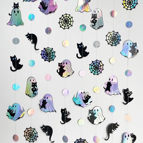 Image of Iridescent Black Halloween Decorations Holographic Ghost Black Cat Spider Web Polka Dot Paper Hanging Garland Streamer Banner for Halloween Birthday Bachelorette Wedding Shower Party Supplies