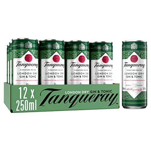Tanqueray London Dry Gin & Tonic | 12 x 250ml | Pre-Mixed Cans | Gin Botanicals | Mixed with Tonic | Enjoy Chilled or in a Glass | Balanced Flavour