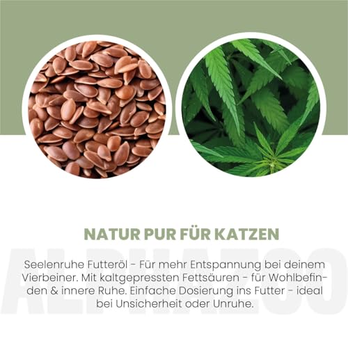 alphazoo Seelenruhe Futteröl für Katzen 250ml - Leinöl kaltgepresst mit Baldrian & Hopfen - Omega-3 Omega-6 Fettsäuren - Futterergänzung ohne künstliche Zusätze - für Tierarzt Umzug Silvester