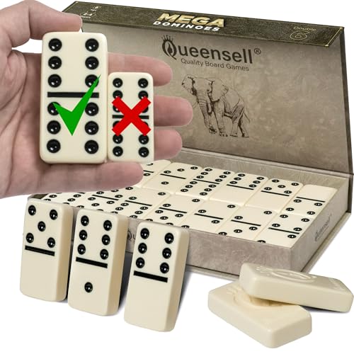 Queensell Set de Dominos Méga Large de 7,6 cm pour Adultes et Enfants – Dominos Double 6, Jeu de Société Classique – Set Double Six de 28 Pièces avec...