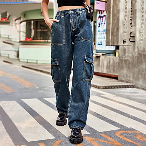 Baggy Cargo Jeans for Women Teen Girl Y2k High Waisted Flap Pocket Baggy Straight Wide Leg Jeans Denim Pants2