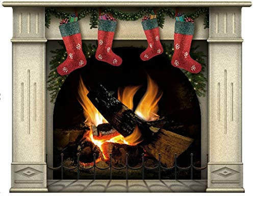 lepni.me Wall Stickers Fireplace with Burning Log Fire Holiday Wall Decal Decoration Firewoods Flames Photorealistic Art Poster (Large 4 Christmas Stockings Sahara)