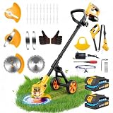 Decespugliatore a batteria da 21 V, con 2 batterie e caricatore, display LCD, decespugliatore a batteria con ruote rimovibili, manico telescopico, tagliabordi per giardini di piccole e medie