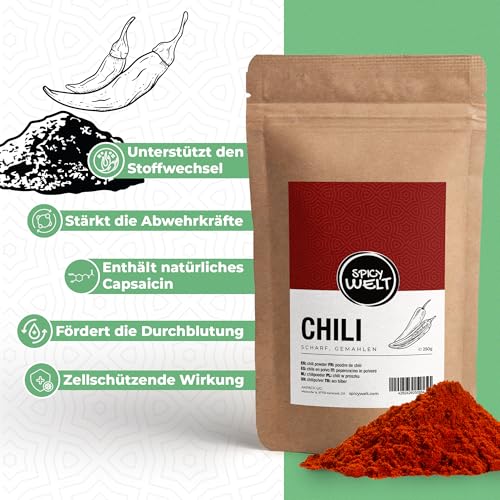 Spicy Welt Chili Gemahlen (500g) – Fein Gemahlenes Chilipulver für Chili Con Carne, Currys & Eintöpfe & Marinaden | Angenehm Scharf, Wärmend & Aromatisch | 100% Naturrein, Ohne Zusätze