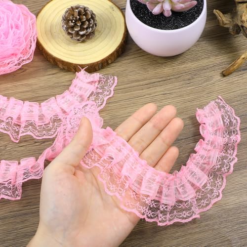Pink Lace Ruffle Trim 2-Layer Pleated Edge Pink Lace Ribbon for Crafts Sewing DIY 1.8 x 5.5yd