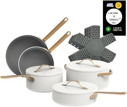 12pc Ceramic Cookware Set, White Icing - by Drew Barrymore, Non-Stick, Oven Safe, Dishwasher safe, handwash recommended, Compatible with all stovetops Maker Explorador Private Label