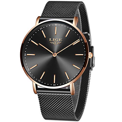 LIGE Hommes Montre Ultra-Mince Acier Inoxydable Etanche Analogique Quartz Montre Hommes Or Noir Affaires Robe Montres