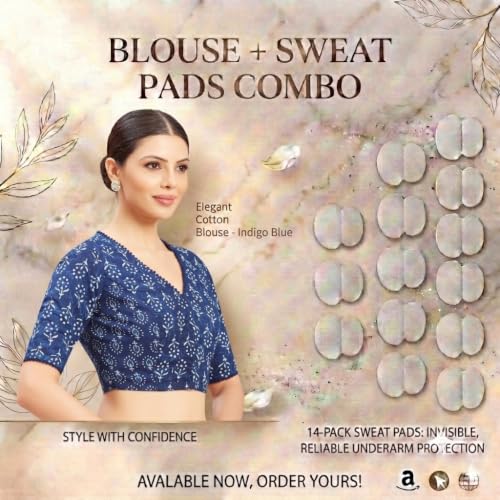 Image of Studio Shringaar Women's Indigo Blue Cotton Block Printed V Neck Saree Blouse with Underarm Sweat Pads (Pack of 14 Pads)