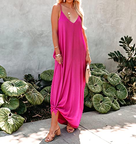 Image of R.Vivimos Women's Summer Casual Adjustable Spaghetti Strap V Neck Boho Loose Fit Backless Maxi Dress with Pockets