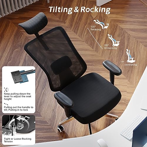 Image of Ergonomic Office Chair with Adjustable Lumbar Support & Flip-Up Armrests - High Back Computer Desk Chair with Thickened Seat Cushion, Rolling Wheels for Home /Office Study Work (05black)