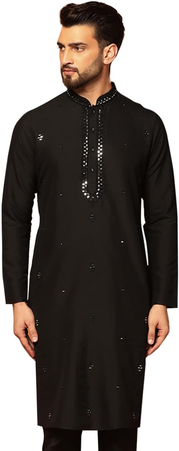 KISAH Men's Kurta – Mirror Work Embroidery Cotton Blend Tunic with Mandarin Collar, Regular Fit – Indian Wedding Outfit for Men – Festive Wear for Diwali, Eid & Celebrations, Black, 42 - Image 4