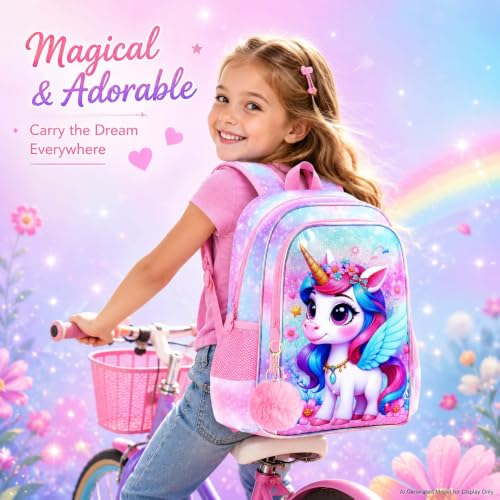 Image of WZLVO 3PCS Kids Backpack for Girls, Unicorn Dinosaur Animal Prechool Elementary Kindergarten School Bookbag with Lunch Box