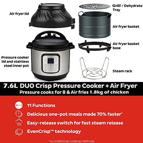 Instant Pot Duo Crisp 11-in-1 7.6 Litre Multi-Lid Electric Pressure Cooker with Air Frying, Steaming, Slow Cooking, Sauté, Drying and Air Fryer