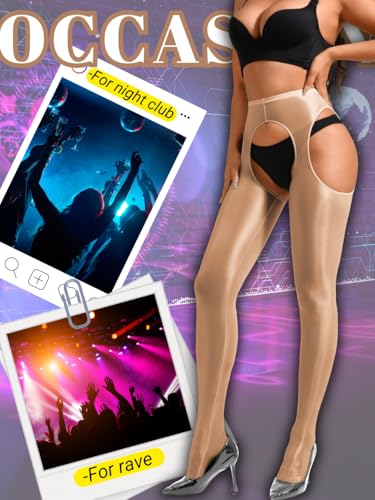 Image of ChiaoLezhee Sexy Shiny Tights, Sheer High-Waisted, Suspender Pantyhose For Women Rave Party Outfits Leggings Pants Exotic