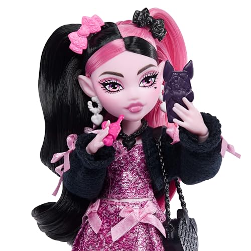Image of Monster High Doll, Draculaura in Pink Bow Dress and Black Cardigan with Pet Bat Count Fabulous and 7 Accessories Like Ramen, Lipstick and Purse