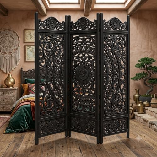Image of Wooden Room Partition, 6 Feet 3 Panel Round Design Black