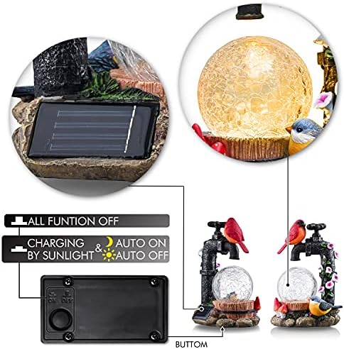 TERESA'S COLLECTIONS Robin Bird Garden Ornaments with Solar Lights, Waterproof Faucet Bird Garden Statue Ornament with Crackle Glass Ball Outdoor Figurines for Patio Lawn Yard Autumn Decorations, 21cm