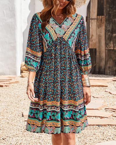 Image of BTFBM Women Casual Spring Summer Dresses V Neck 3 /4 Long Sleeve Ruffle Floral Flowy Boho Babydoll Mini Short Beach Dress