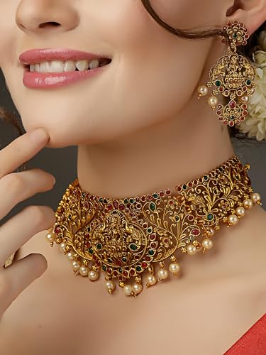 Image of Shining Diva Fashion Stylish Fancy Pearl Choker Traditional Jewellery Set for Women | Temple Necklace Set | Festive Wedding Party Necklace | 22k Gold Plated | Just Like Original Gold Jewellery