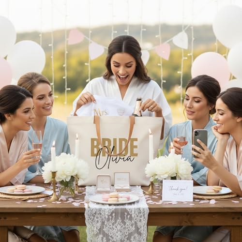 Image of ELEGANTPARK Personalized Bride Tote Bag with Zipper - Custom Engagement Gift for Bride to Be - Large Canvas Wedding Planning Bag - Bachelorette Party & Honeymoon Beach Tote - Bridal Shower Keepsake