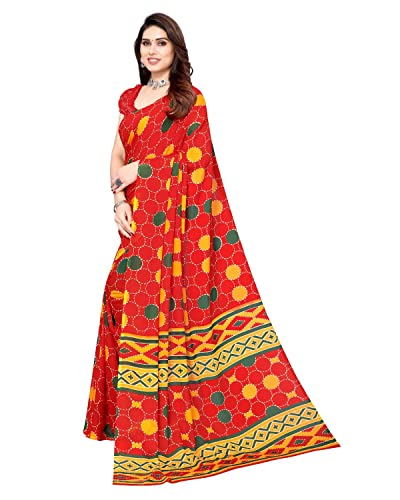 Image of Yashika Women's Red Polka Printed Georgette Saree with Blouse Piece(BUBBLES RED Free Size)