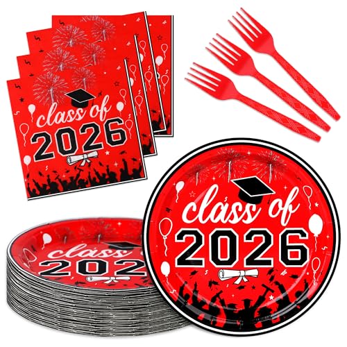 Upigi 75 Pcs Graduation Plates and Napkins Party Supplies Set,Serves 25 Guests 2026 Red Graduation Plates and Napkins,Disposable Paper Tableware Set for Graduation Party Decorations