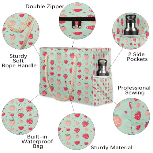 Strawberry Cherry Love Beach Bag for Women Waterproof Sandproof Tote with Zipper Cotton Rope Handles for Travel Pool Gym Shopping3