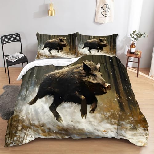 FamHarbor Wild Boar A3014 - Juego de funda de edredón tamaño Queen con 2 fundas de almohada, microfibra suave, diseño de animales lindos, color marrón, blanco, estampado de lujo