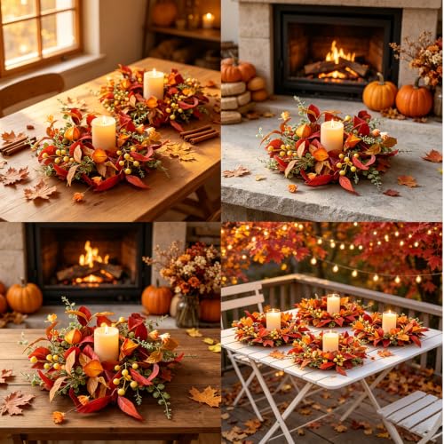 Image of 6 PCS Fall Candle Ring Wreaths Artificial Autumn Candle Holder Wreath | Thanksgiving Candle Ring with Berries Eucalyptus Forsythia for Farmhouse Harvest Pillar Candles Table Centerpiece Decor
