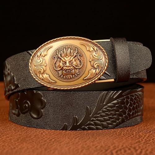 Men's Cow Leather Ratchet Belt With Dragon Head Pattern & Oval Automatic Buckle - Business Casual4