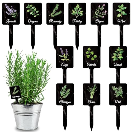 UPINS 24Pcs Acrylic Garden Herb Signs Herb Garden Plant Labels Markers for Outdoors Black Waterproof Tags Signs with Printed Name for Indoor Outdoor Gardens Plants Potted