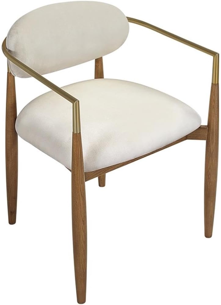 BOWERY HILL Contemporary Dining Arm Chair Set of 2, Beige Performance Fabric Upholstery, Solid Ash Wood Frame, Brown Walnut Finish, Brushed Brass Accents, Comfortable Dining Room Seating